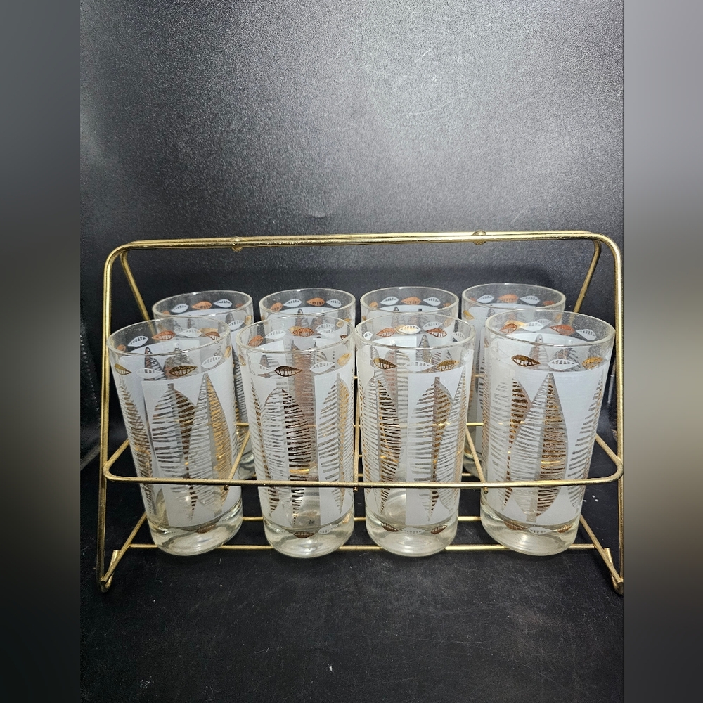 Vintage MCM Libby Golden Foliage Highball‎ Glasses With Carrier
